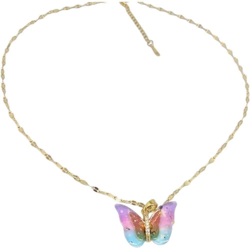 Butterfly Pink Green Gold Plated Necklace - Picture 6 of 13